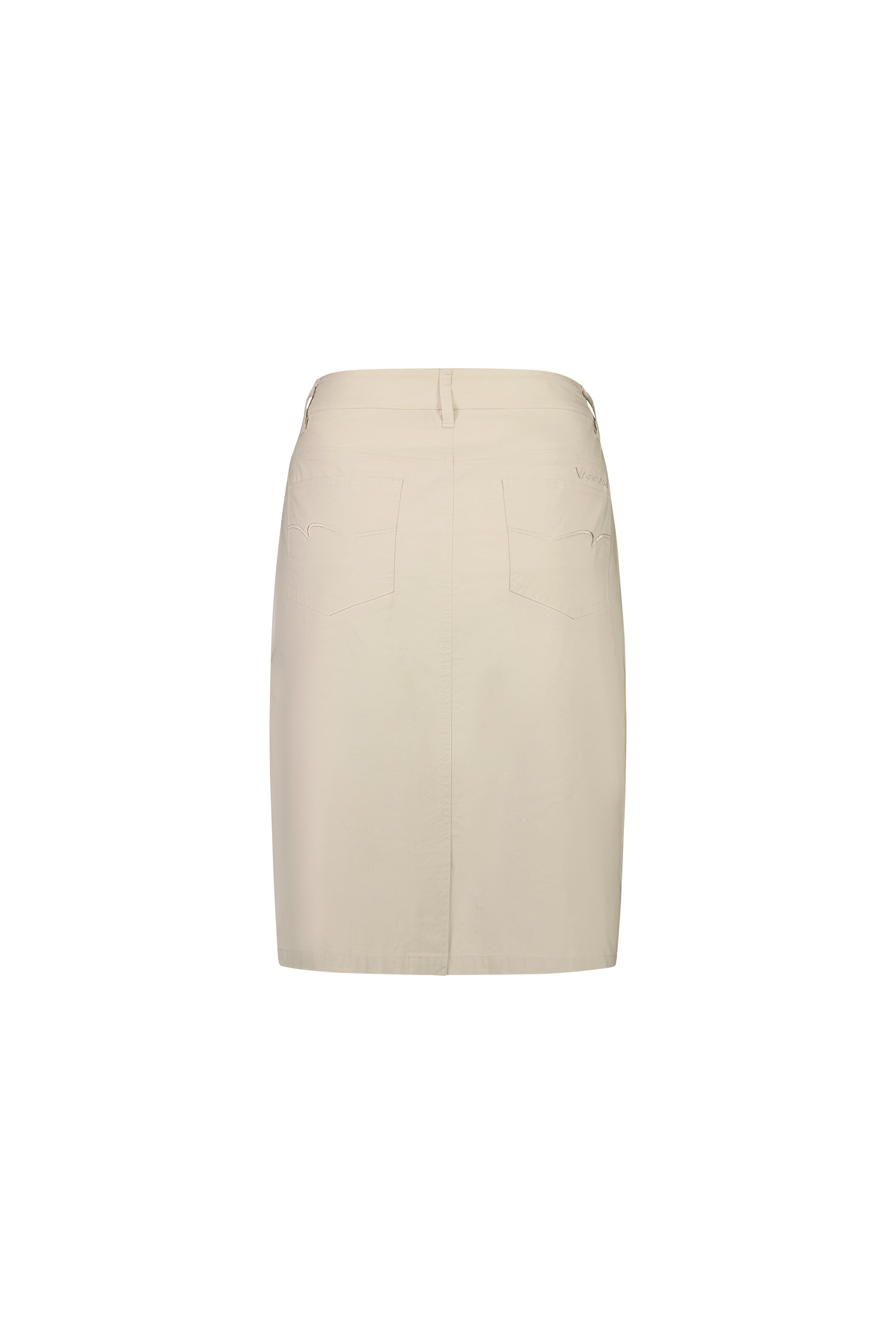 The Vassalli Poppy Poplin Skirt in Sand is a beige, knee-length skirt with back pockets, waistband, jean-style details, a tailored design, back seam, and subtle top zipper—shown on a white background.