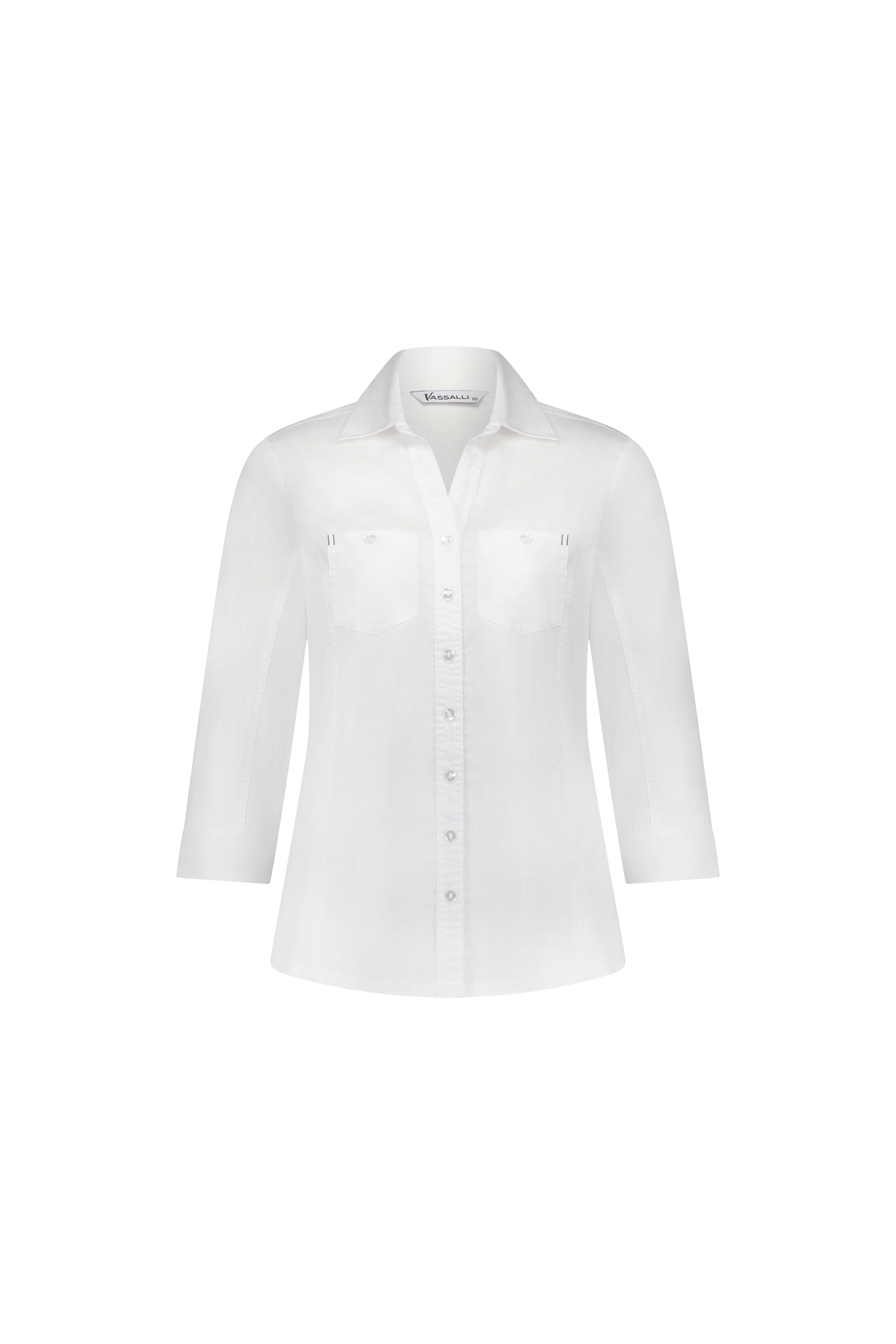 The Vassalli Isla Shirt in white features a slim fit, long sleeves, two chest pockets, and a classic collar. Displayed on a plain white background.