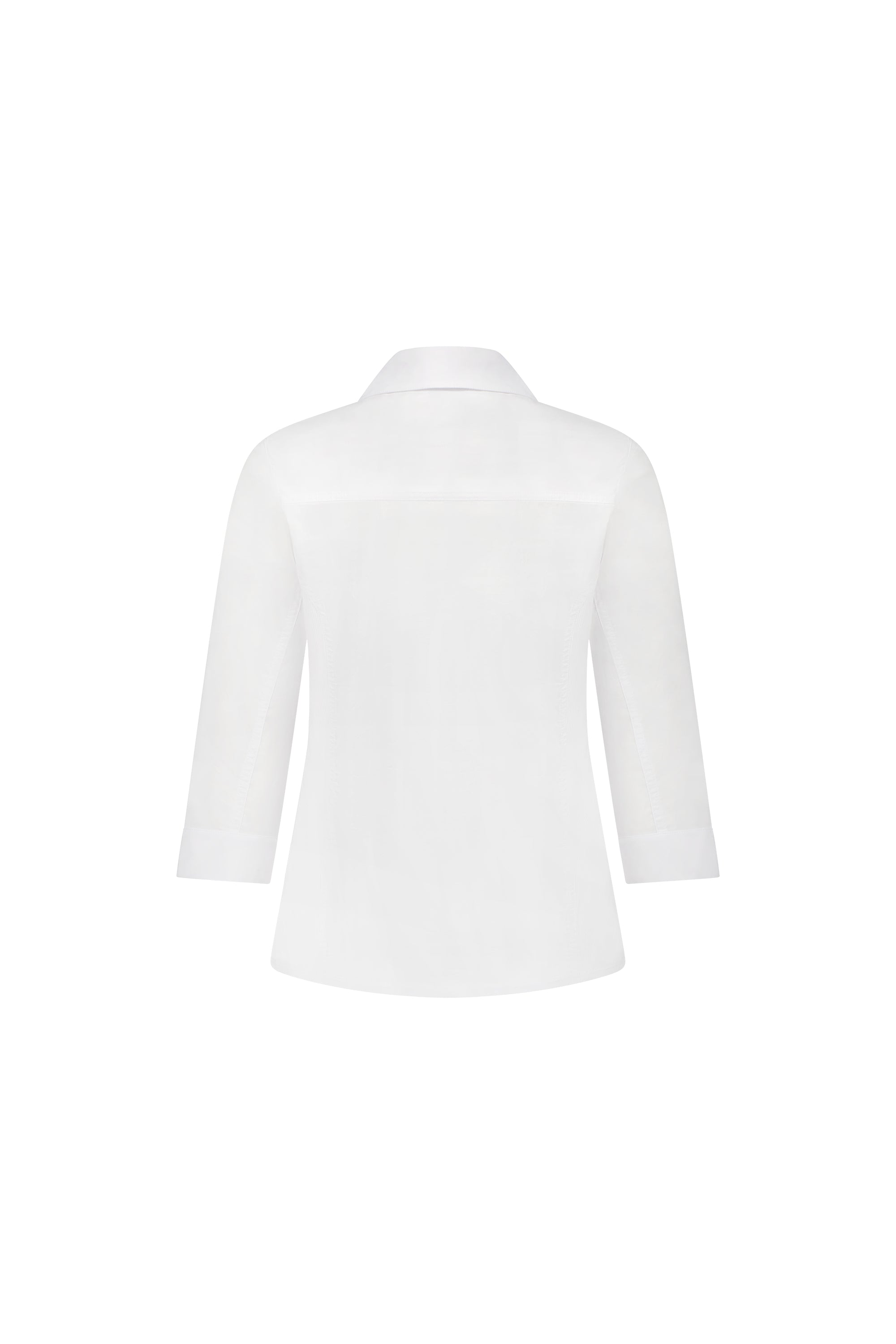 Back view of the Vassalli Isla Shirt in white, featuring a slim fit, three-quarter sleeves, and a collar, displayed against a white background.