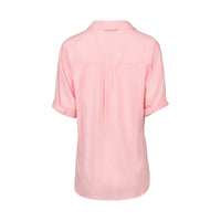 Back view of Vassalli's Shirt - Pink Stripe, a light pink cotton shirt with short sleeves, rolled cuffs, subtle vertical stripes, collared neckline, upper back seam detail, and a relaxed fit.
