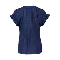 The Evelyn Top - Navy by Vassalli is shown from the back, highlighting its short ruffled sleeves, gathered shoulders and waist, and subtle checkered texture. Displayed against a plain white background.