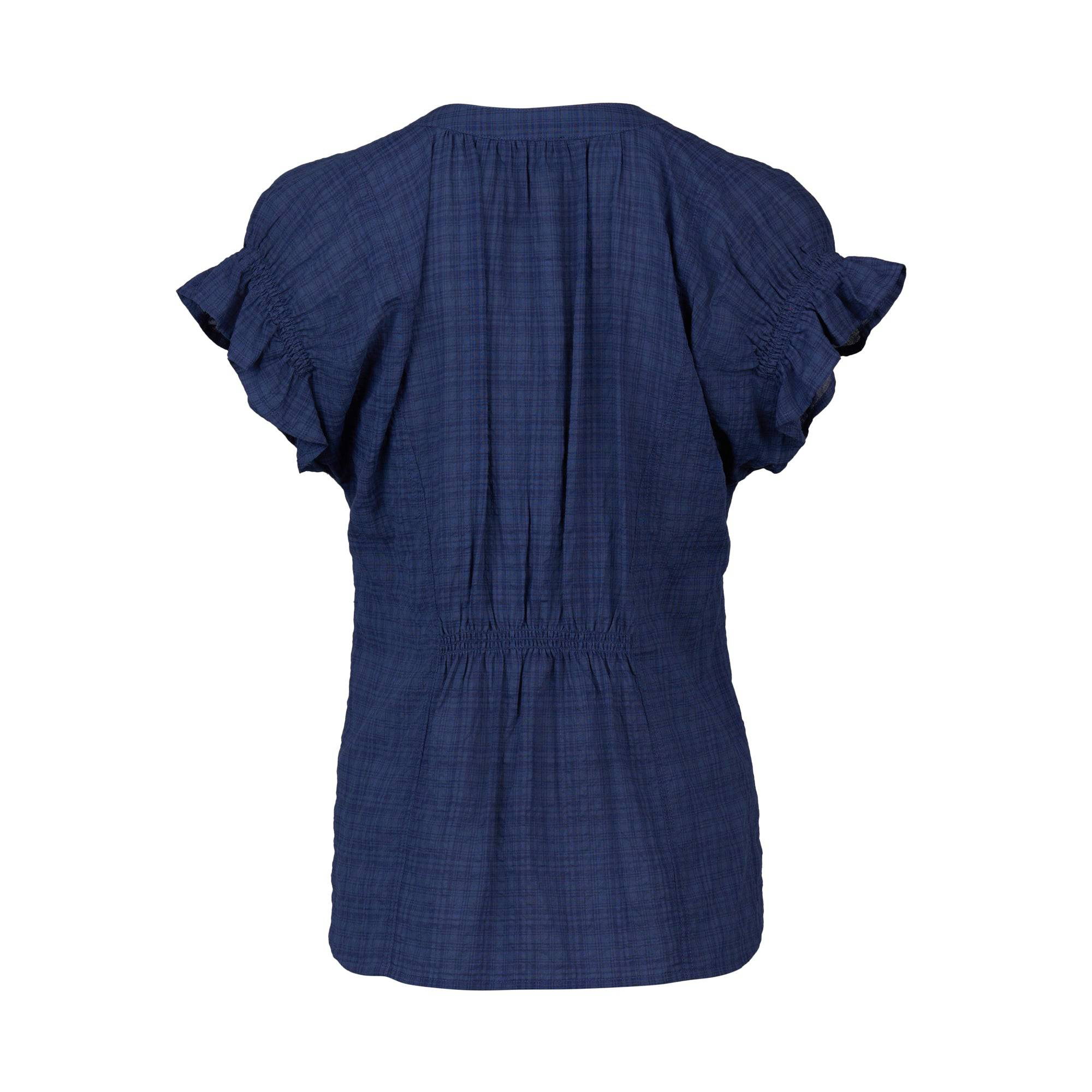 The Evelyn Top - Navy by Vassalli is shown from the back, highlighting its short ruffled sleeves, gathered shoulders and waist, and subtle checkered texture. Displayed against a plain white background.