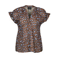 The Vassalli Evelyn Top - Nala is a stylish brown cotton blouse with blue and black leopard print, a V-neck, and ruffled short sleeves for a modern look.