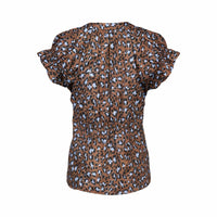 Back view of the Vassalli Evelyn Top - Nala, a cotton blouse with ruffled sleeves and a brown, blue, and black leopard print. This V-neck top has gathered fabric at the waist for a fitted silhouette.