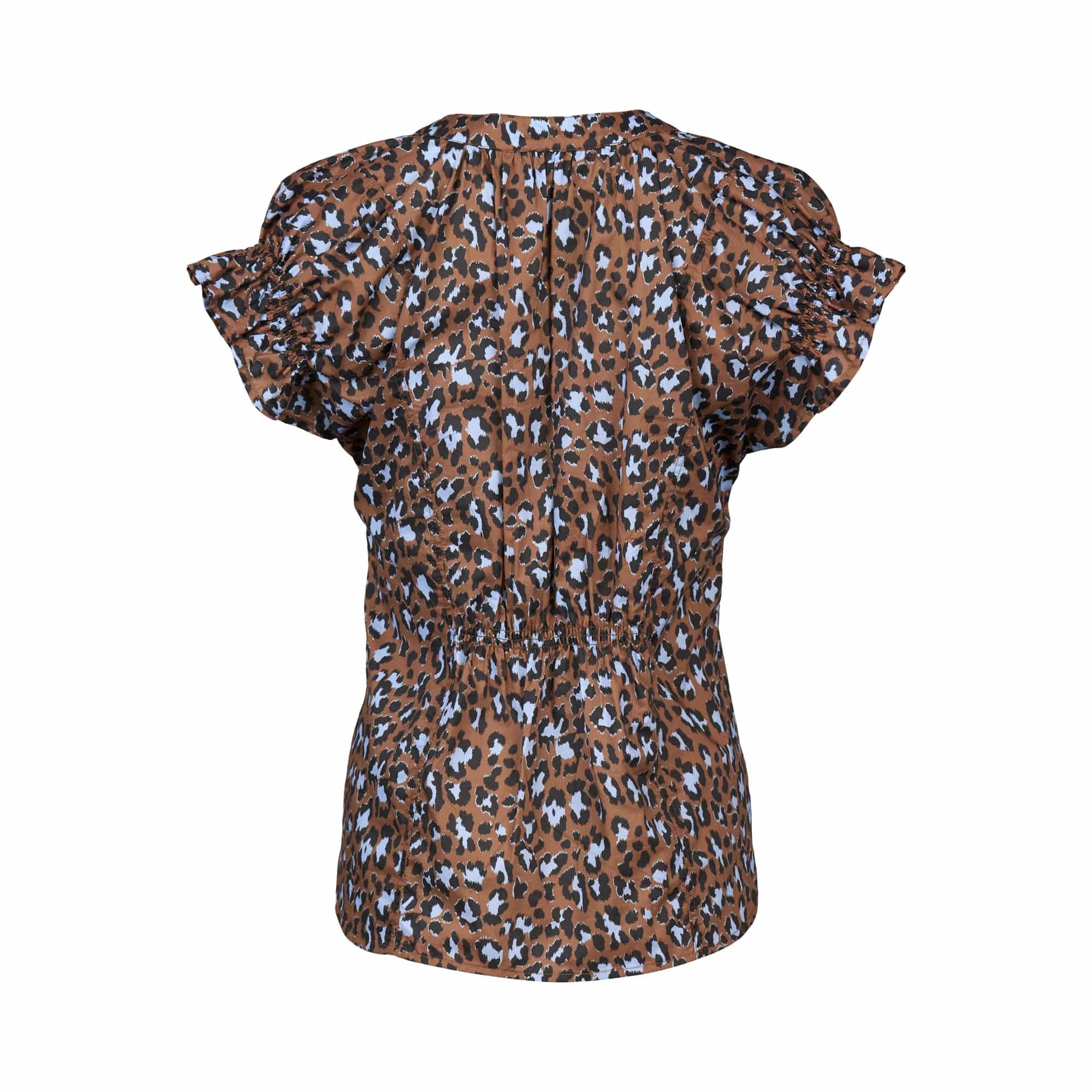 Back view of the Vassalli Evelyn Top - Nala, a cotton blouse with ruffled sleeves and a brown, blue, and black leopard print. This V-neck top has gathered fabric at the waist for a fitted silhouette.
