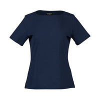 The Vassalli Raya Top - Ink is a women's plain, short-sleeve boat neck made from cotton-elastane for comfort, shown on a white background.