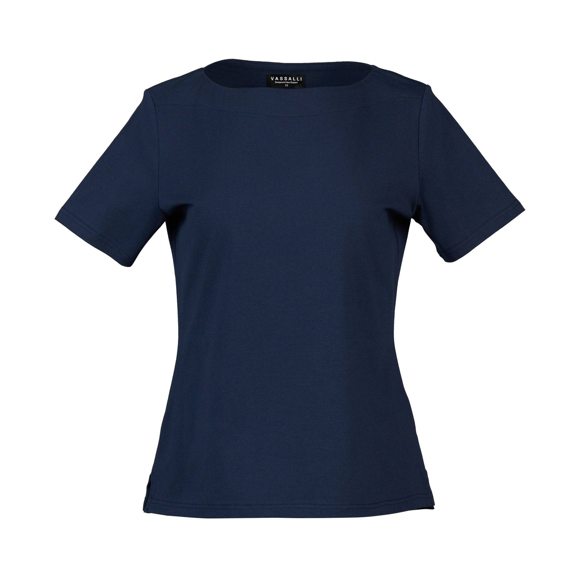 The Vassalli Raya Top - Ink is a women's plain, short-sleeve boat neck made from cotton-elastane for comfort, shown on a white background.
