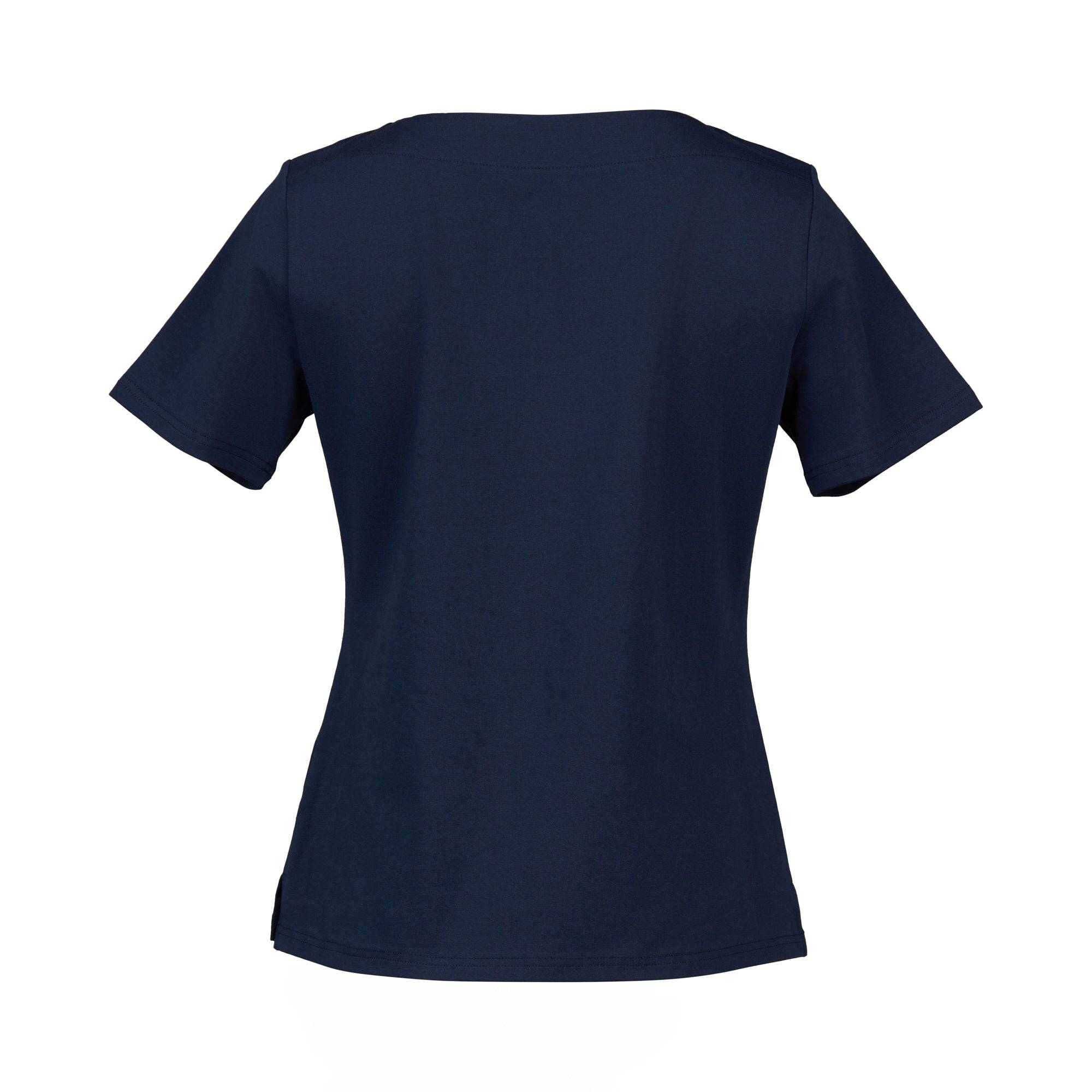 The Raya Top - Ink by Vassalli is a navy blue short-sleeved tee, shown from the back on a white background, featuring a comfortable fit and crafted from a soft cotton-elastane blend.