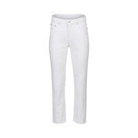 The Vassalli Onya Jean in white denim features a mid-rise straight-leg fit, front button and zip closure, subtle small embellishments, and delicate star embroidery. Shown on a plain white background.