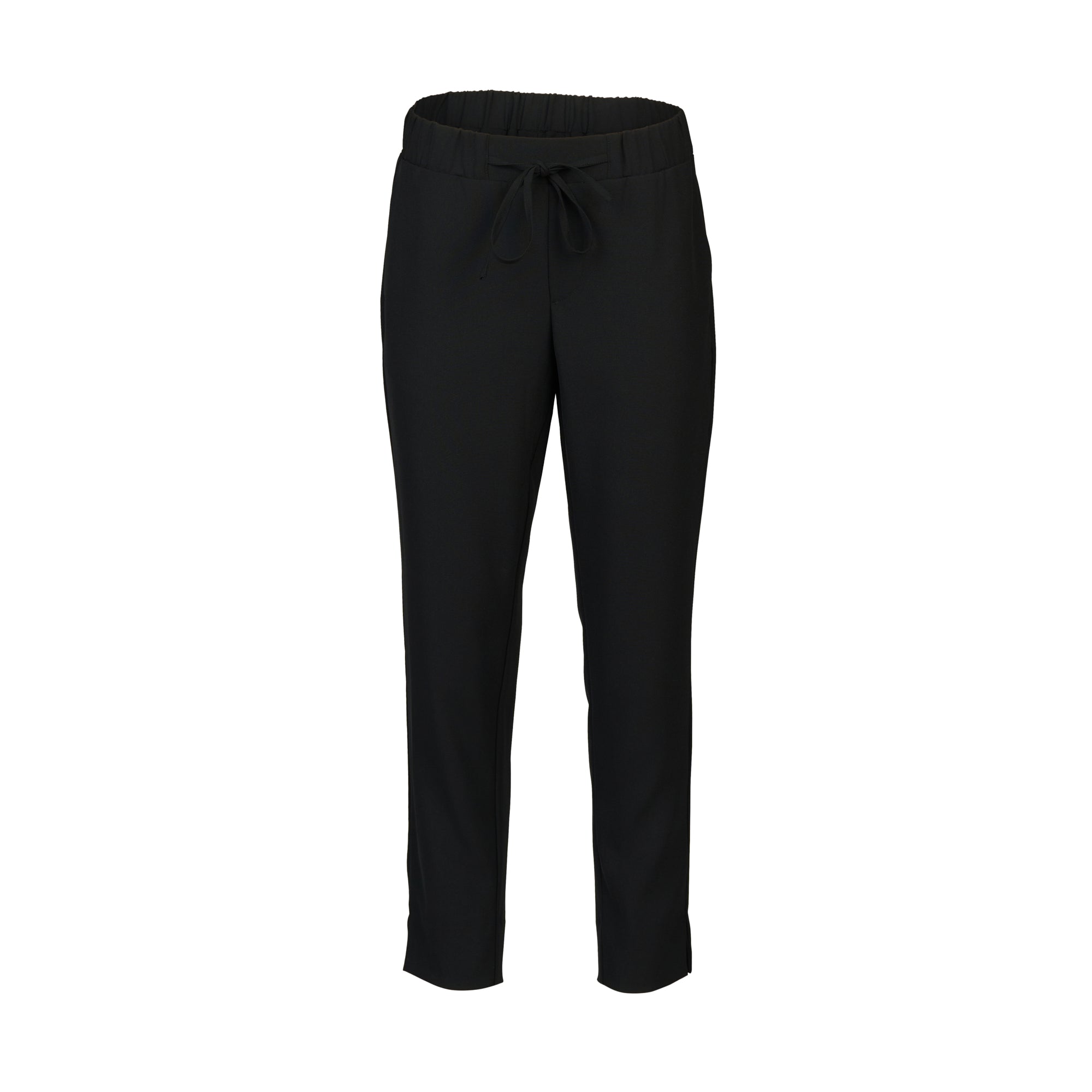 The Vassalli Marble Pant in black features an elastic waistband with a front drawstring; these ankle-grazer pull-on pants are shown against a white background.