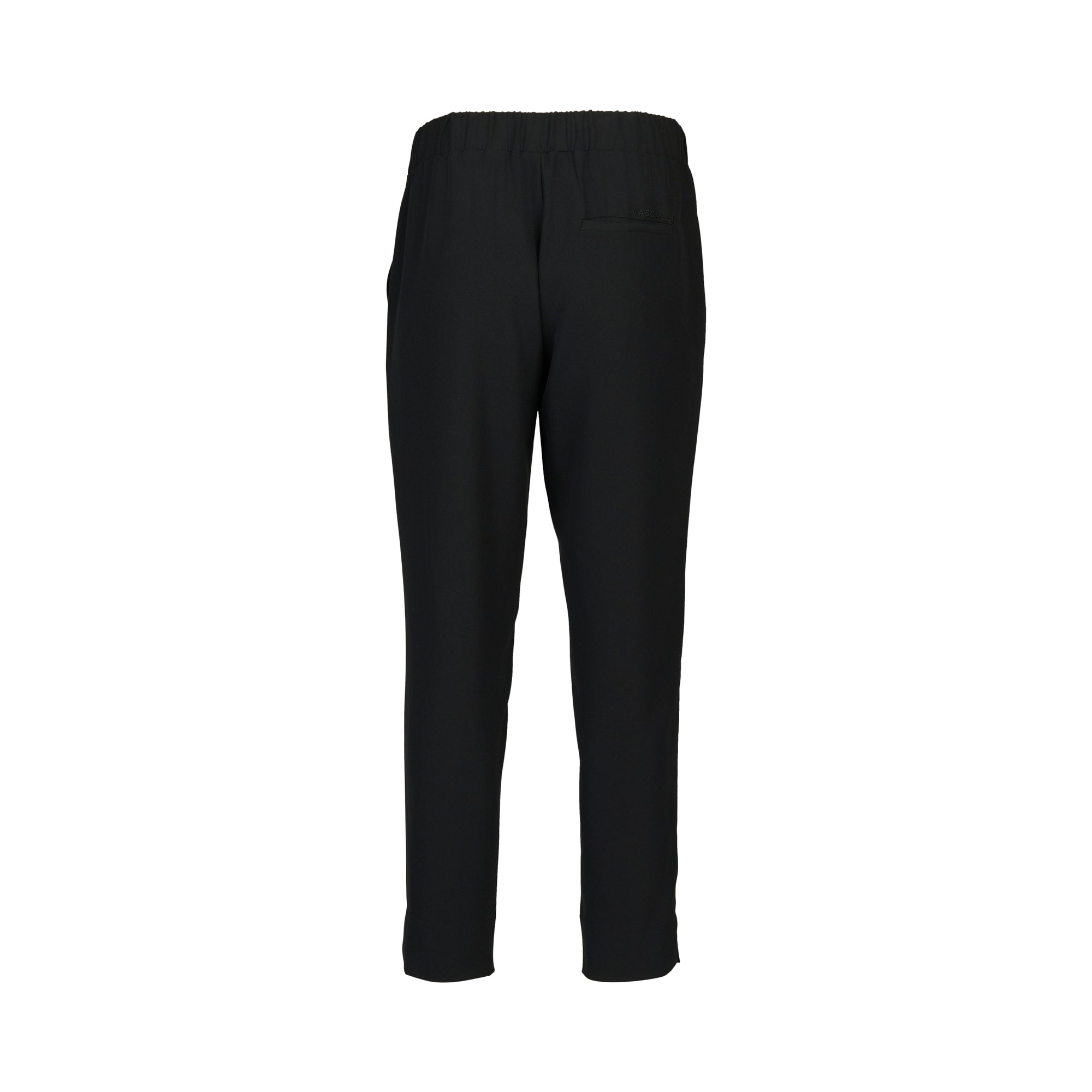 The Vassalli Marble Pant in black is a casual, straight-leg, ankle-grazer with an elastic waistband and a right-side back pocket, shown from the back.