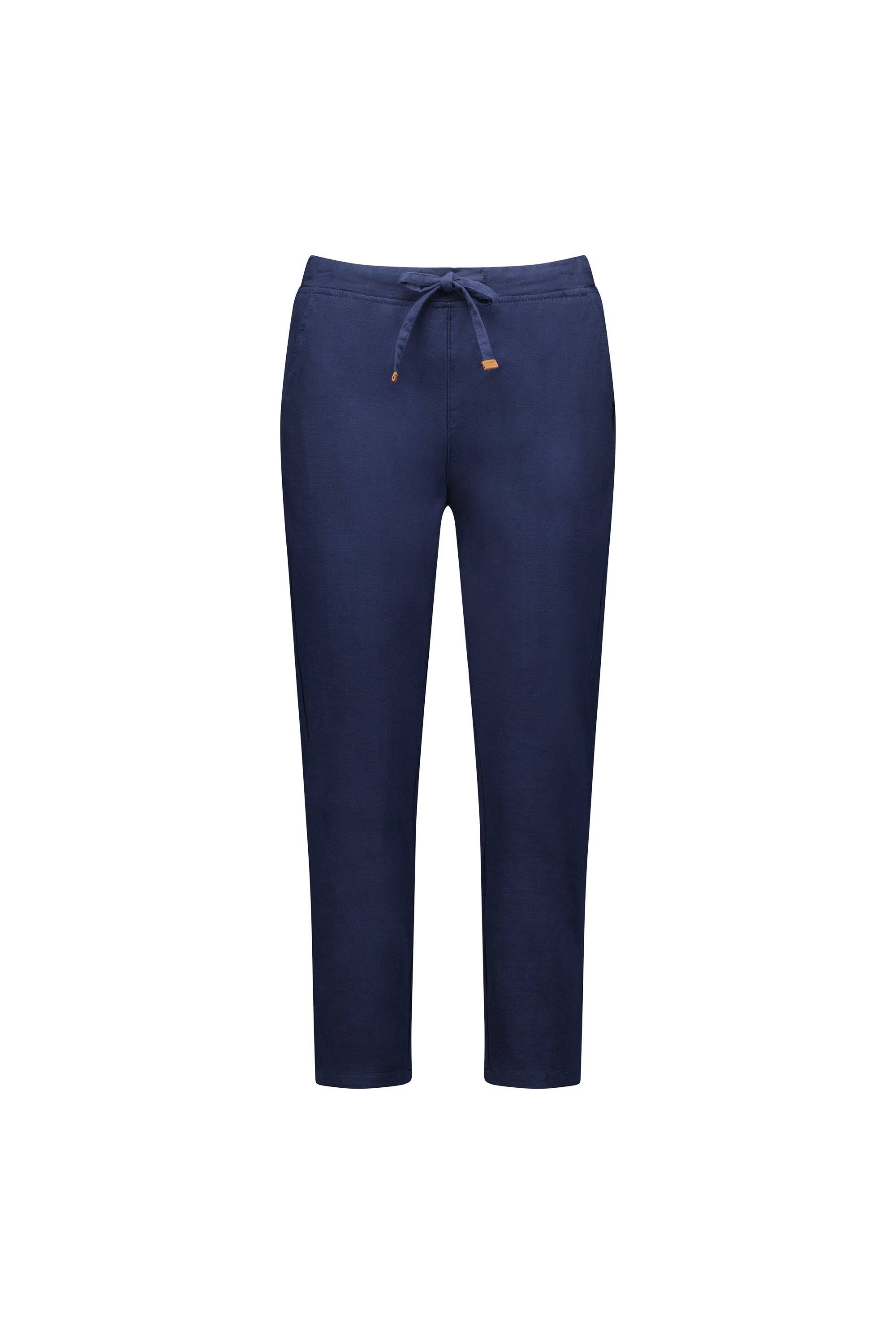 The Vassalli Denver 7/8 Pant in Ink features a straight-leg, ankle-length cut, an elastic waistband with drawstring, and is crafted from a soft cotton blend. Shown against a plain white background.