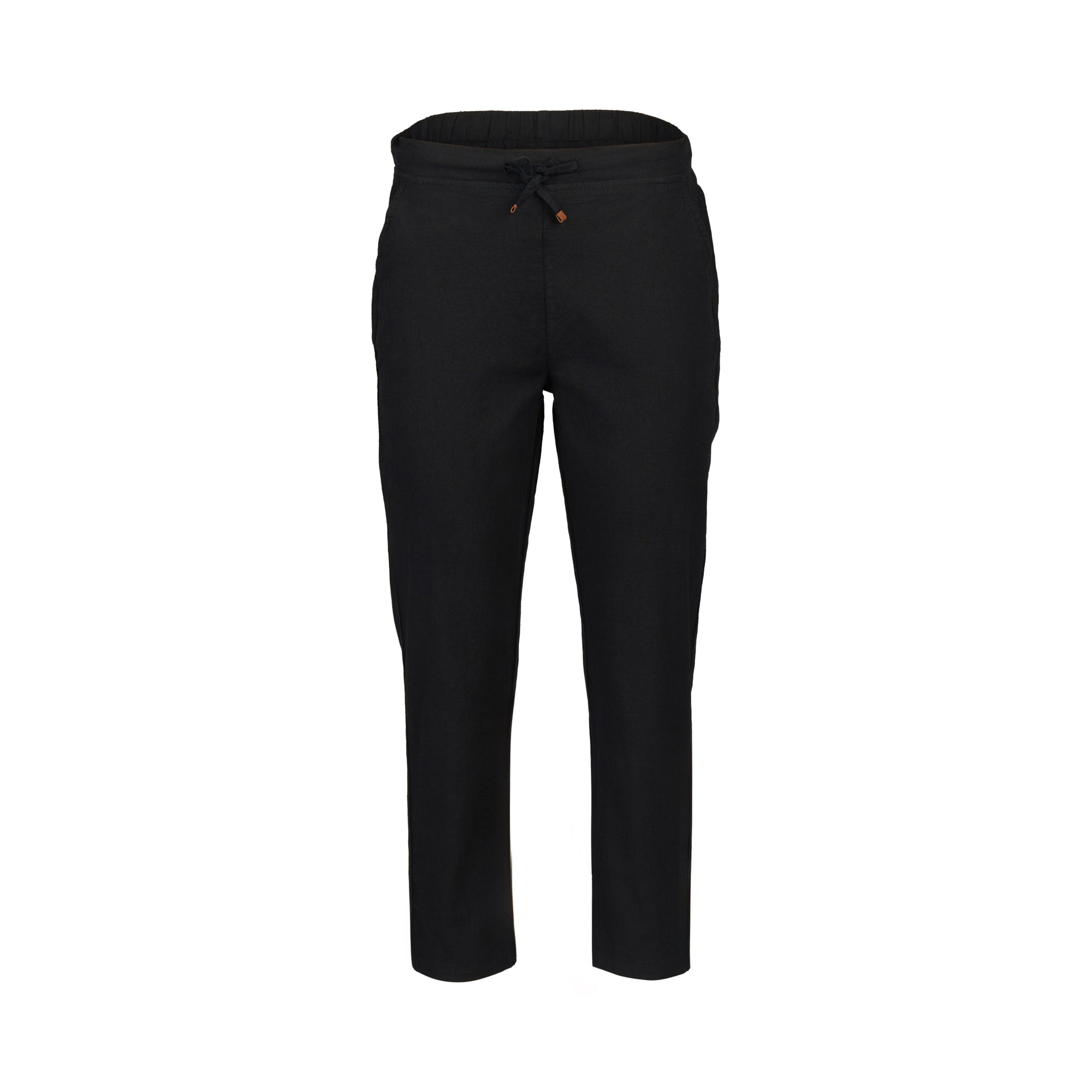 The Vassalli Henley 7/8 Pant in black features a slim leg, elastic waistband with drawstring, and is crafted from a cotton-viscose stretch fabric. Displayed against a white background.