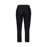 Back view of the Vassalli Henley 7/8 Pant in black, featuring a cotton-viscose stretch fabric, elastic waistband, straight legs, and two side pockets, shown on a plain white background.