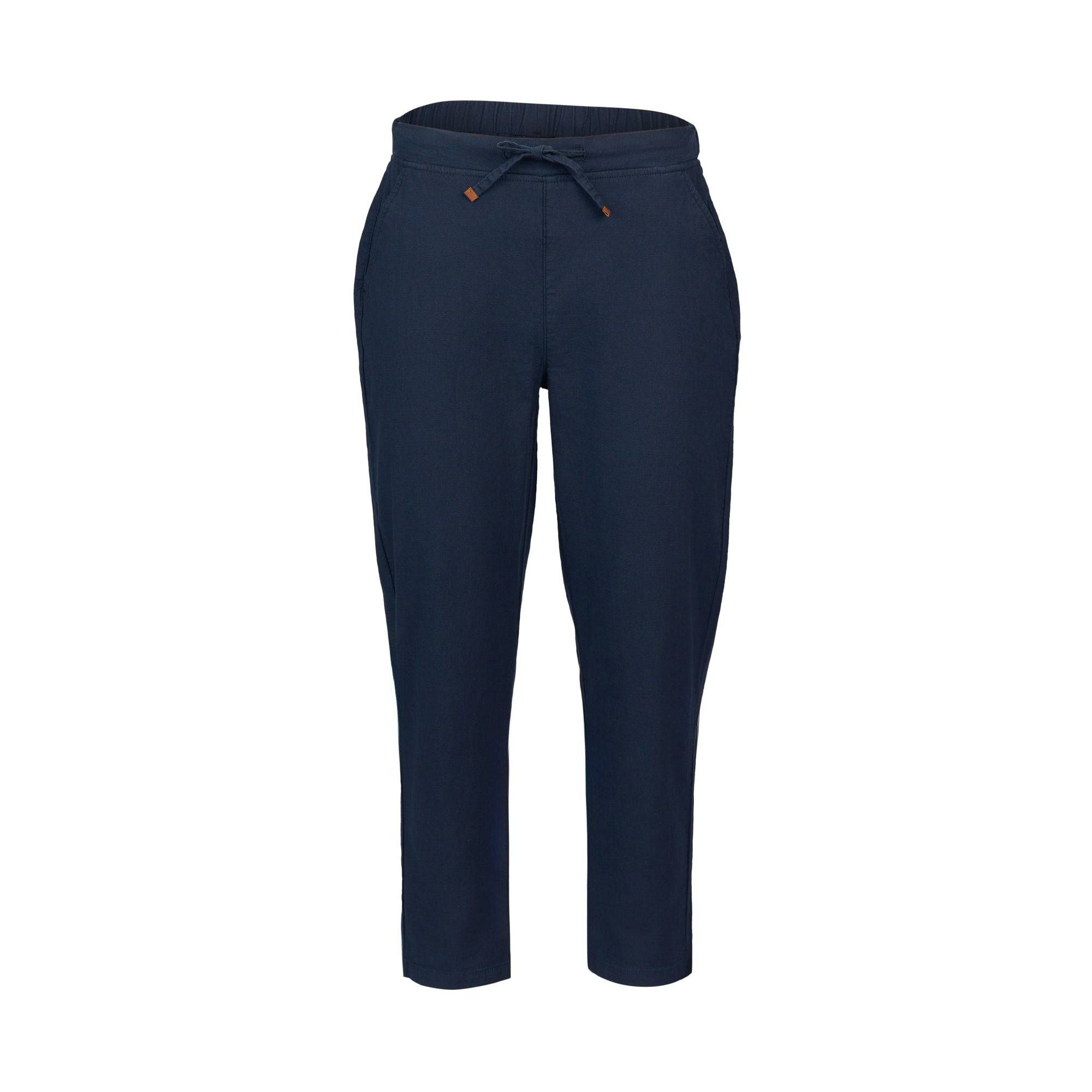 The Vassalli Henley 7/8 Pant in Ink features a slim-leg silhouette, elastic waistband with drawstring, and side pockets, made from comfortable stretch fabric and shown on a plain white background.