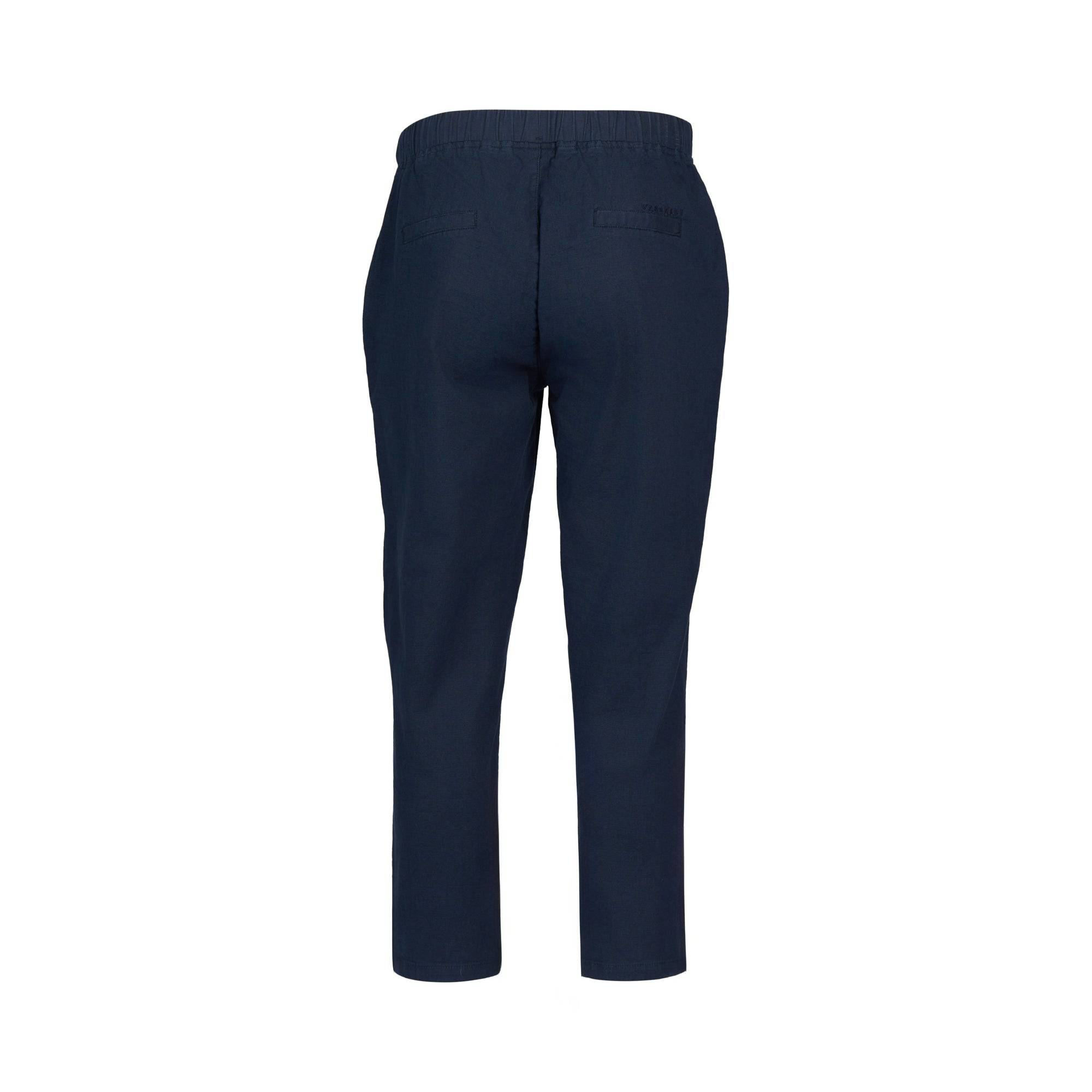The Vassalli Henley 7/8 Pant in Ink is shown from the back, featuring a slim-leg fit, elastic waistband, and two back welt pockets, displayed against a plain white background.