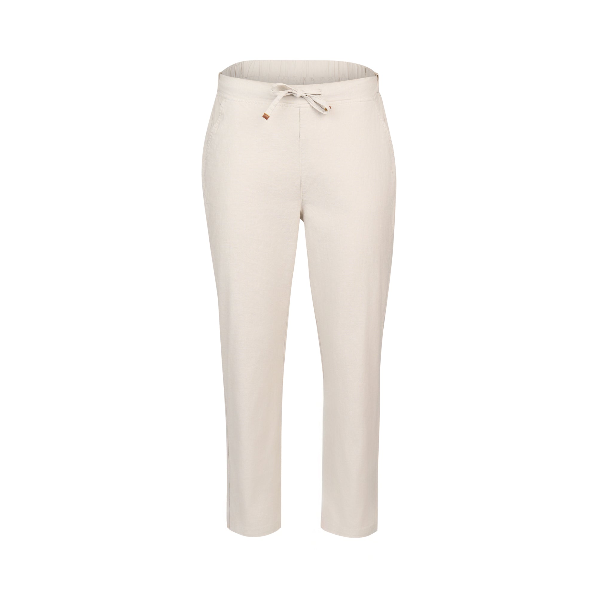 The Vassalli Henley 7/8 Pant in Stone features a relaxed fit, straight legs, elastic waistband, and side pockets, shown against a plain white background.