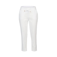 The Vassalli Henley 7/8 Pant in white features a straight-leg design, stretch fabric, drawstring waistband, and side pockets, shown against a plain white background.