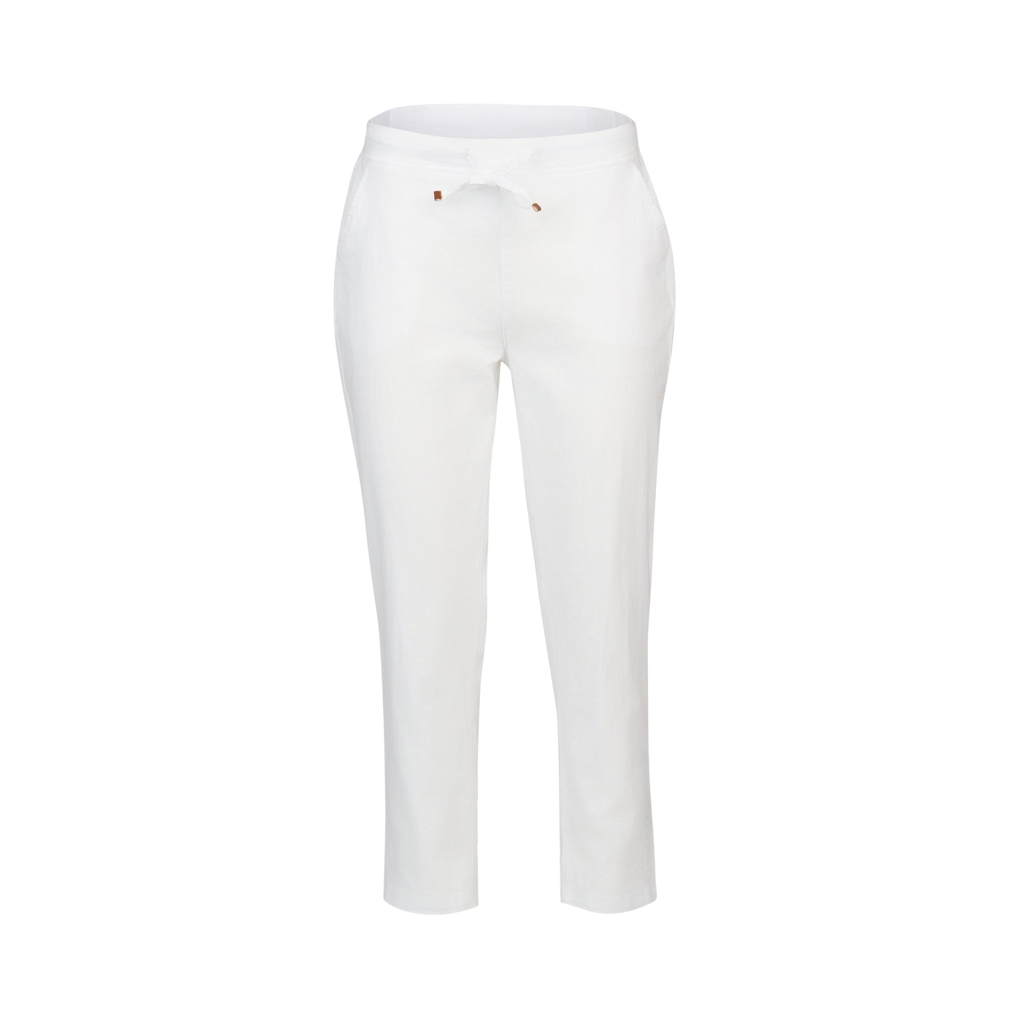 The Vassalli Henley 7/8 Pant in white features a straight-leg design, stretch fabric, drawstring waistband, and side pockets, shown against a plain white background.