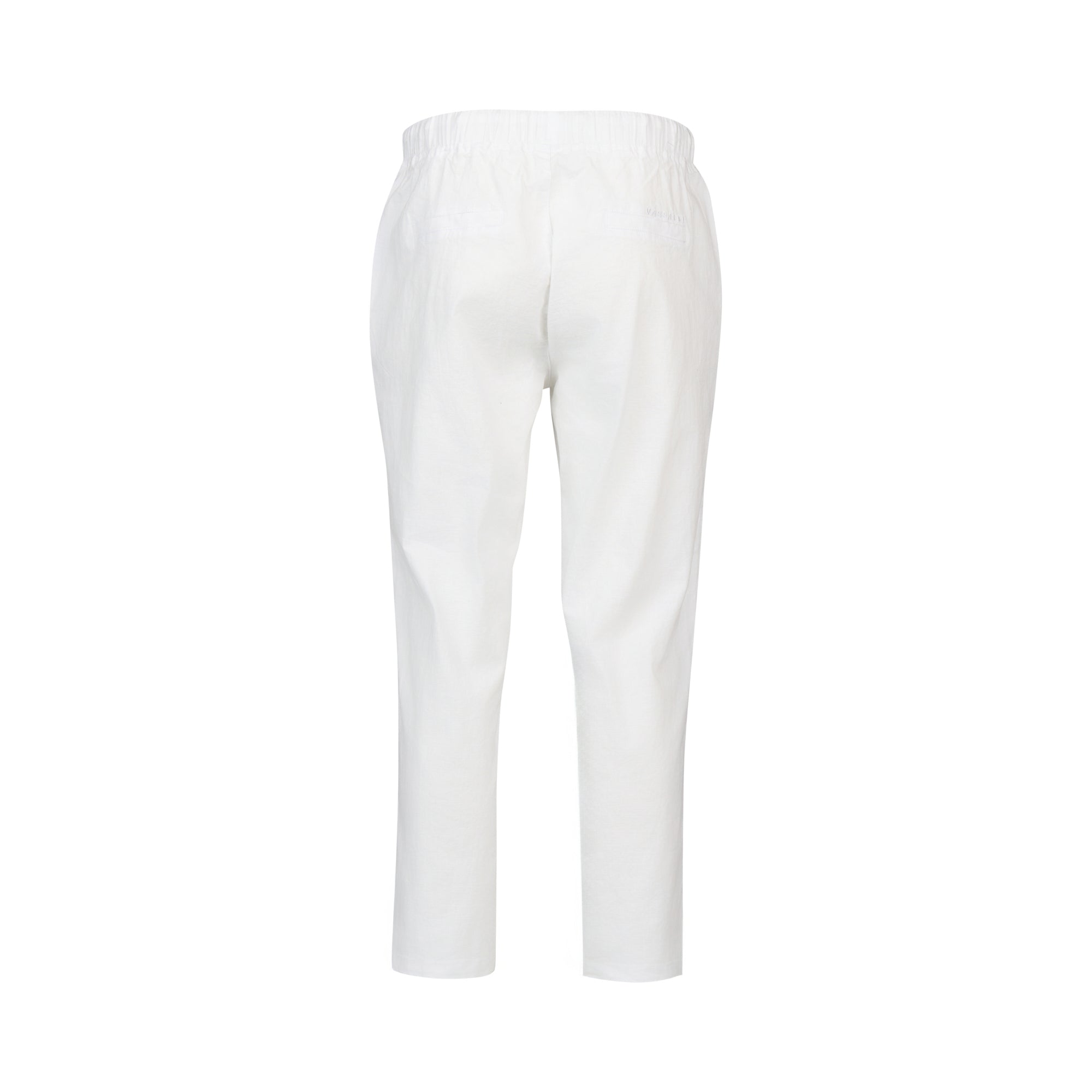 The Vassalli Henley 7/8 Pant in white features an elastic waistband and two back pockets, made from comfortable stretch fabric and shown from the back against a plain white background.
