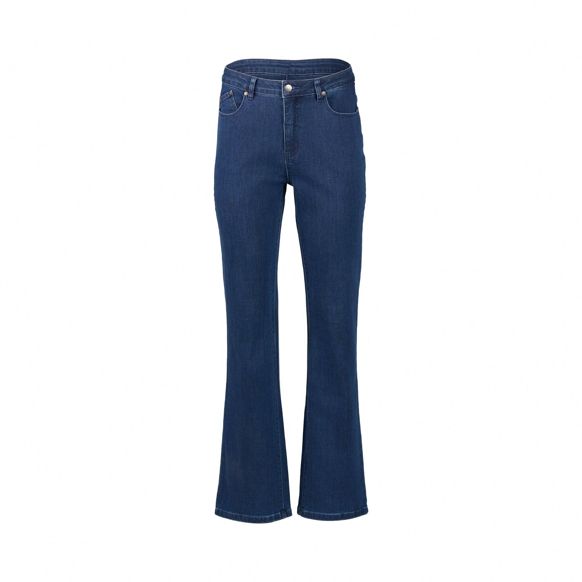 The Vassalli Theory Jean in blue denim (without fade) features a high waist, slightly flared bootleg cut, and front and back pockets, shown on a white background.