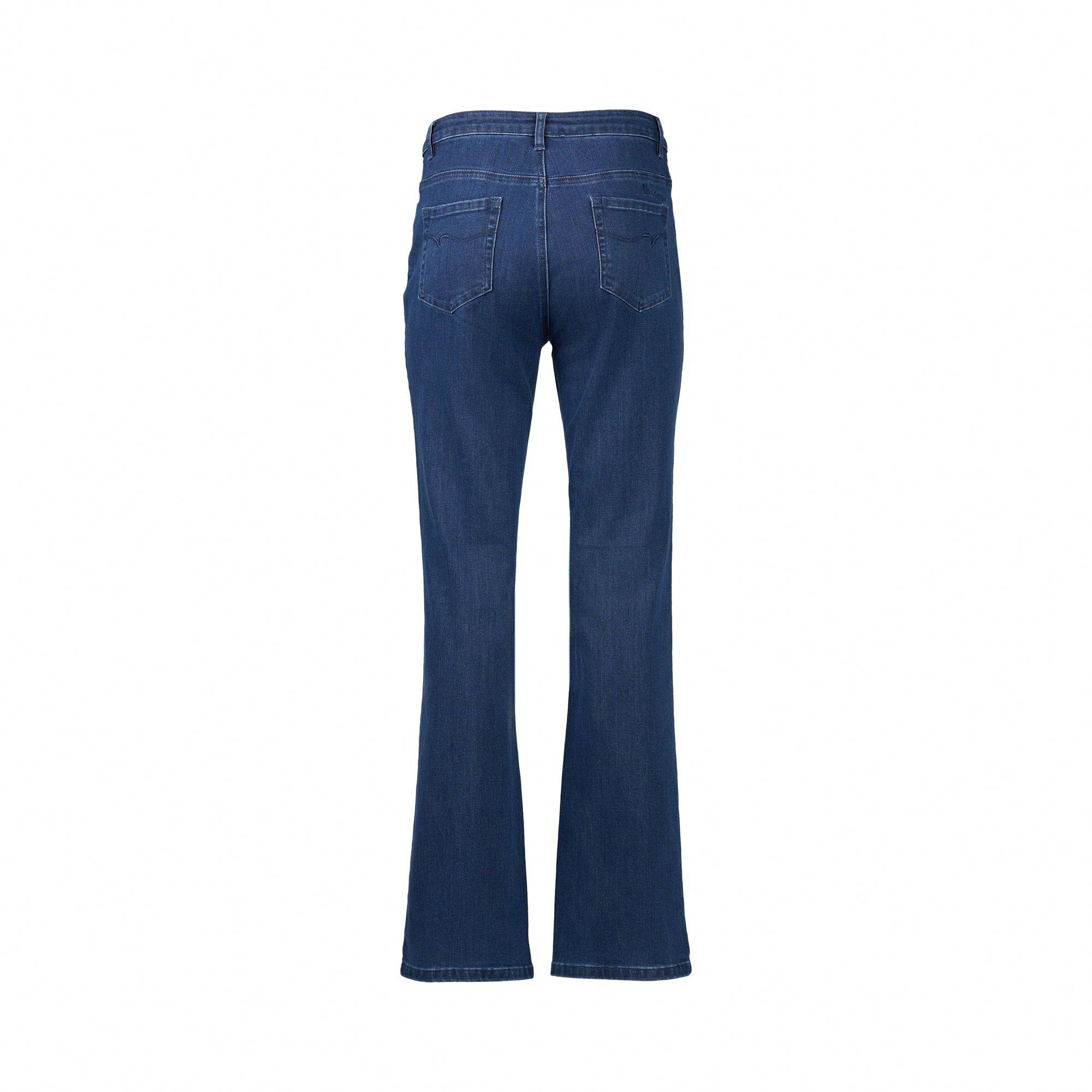 Back view of Vassalli Theory Jean - Blue Denim (Without Fade), featuring two back pockets and a flattering high rise stretch fit, shown on a white background.