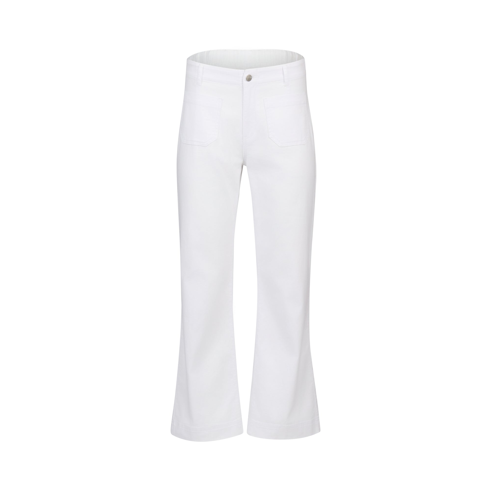 The Vassalli Daily Jean in White Denim is a high-waisted women’s pant made from stretch denim, featuring front patch pockets, button and zip closure, and a slightly flared leg. Displayed on a plain white background.