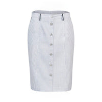 The Orion Skirt - Ink/White Stripe by Vassalli is a knee-length, tailored pencil skirt with vertical stripes, front button closure, and belt loops. Made from a cotton-elastane blend for a classic, professional look.