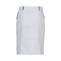 The Vassalli Orion Skirt in Ink/White Stripe is a knee-length, cotton-elastane pencil skirt with belt loops, shown on a plain white background.