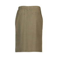 The Vassalli Belen Skirt - Army is a knee-length olive green cotton-viscose blend skirt with an elastic waistband and two back welt pockets, shown on a white background.