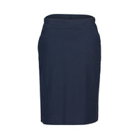 The Vassalli Belen Skirt in Ink is a plain, knee-length pencil skirt featuring a fitted silhouette and an elastic waistband, shown on a white background.