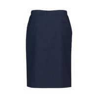 The Vassalli Belen Skirt - Ink is a navy knee-length pull-on skirt with an elastic waistband, two back welt pockets, and a tailored design, shown against a white background.