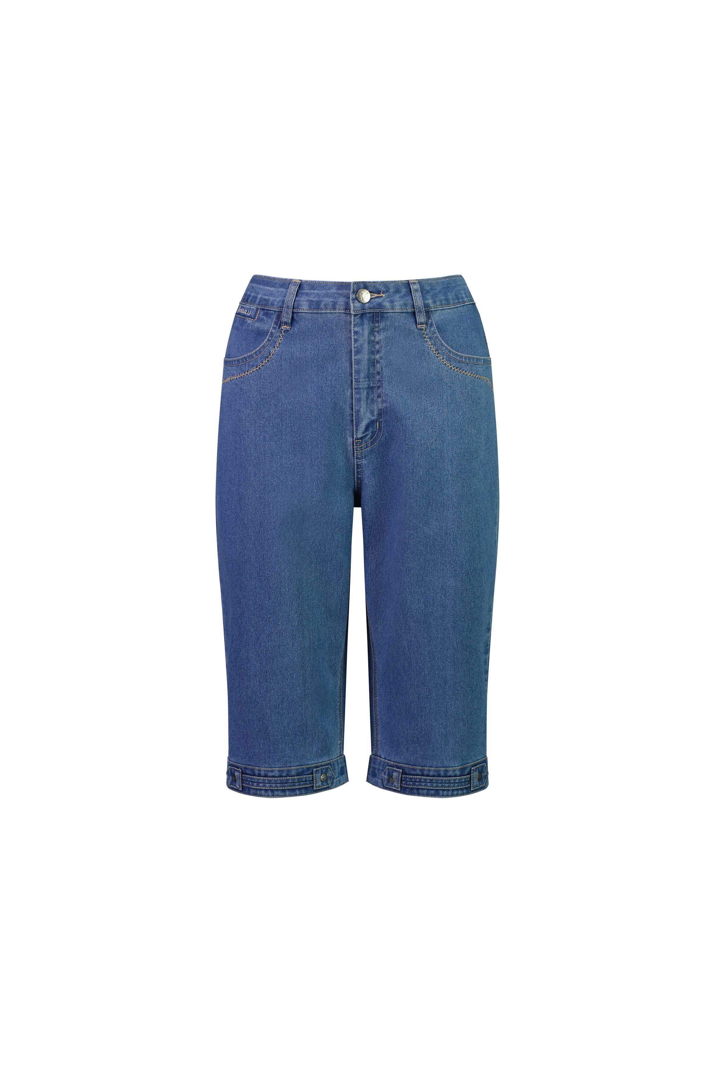 The Vassalli Custom Short - Light Denim features a straight-leg fit, rolled hems, front button and zip closure, visible pocket stitching, and is crafted from stretch denim. Displayed on a plain white background.
