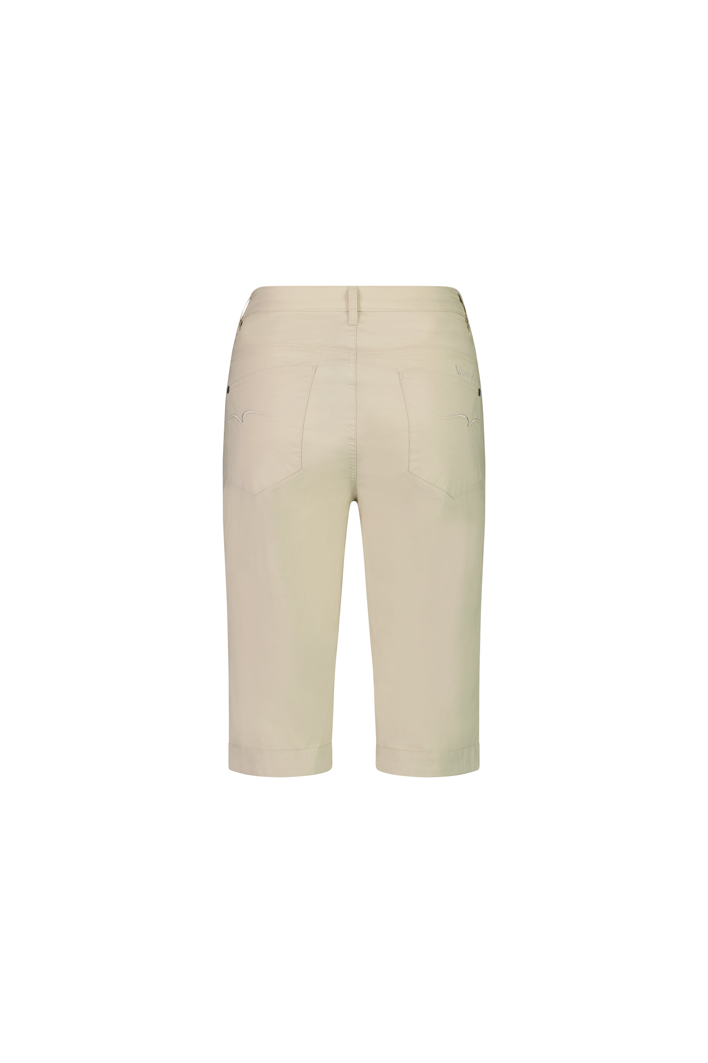 The Vassalli Custom Poplin Short in Sand is shown from the back, featuring a flat waistband, two back pockets, and a neat finish, displayed on a plain white background.